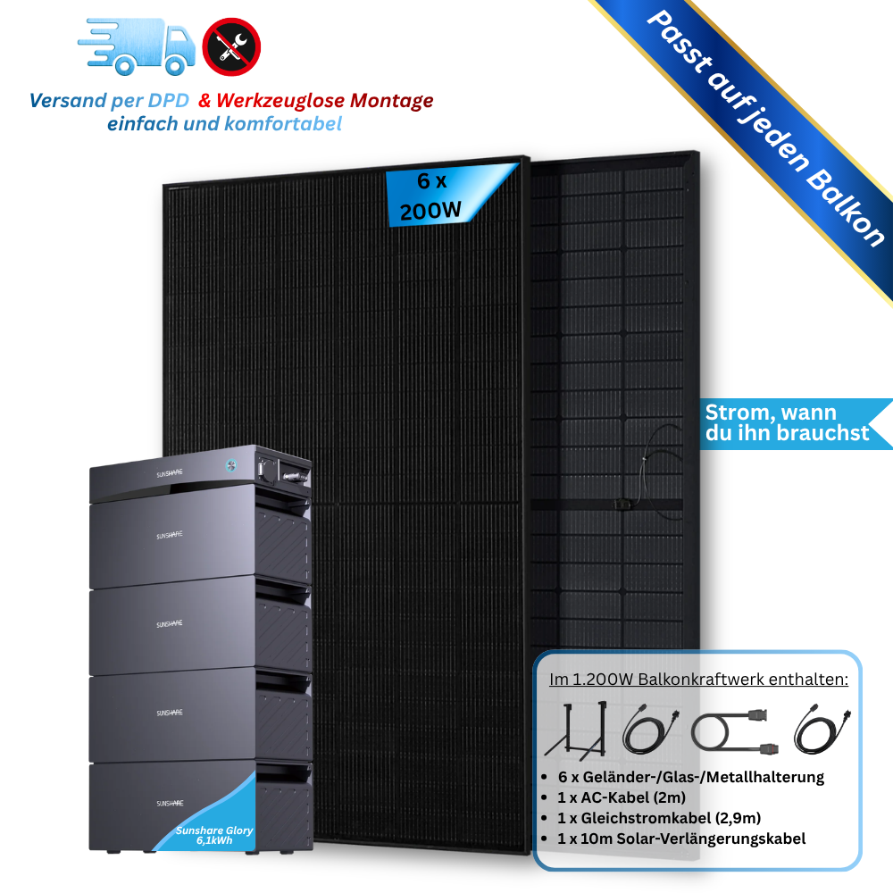 1.200W Balkonkraftwerk Sunshare mit 1,5kWh Speicher (6 x 200w Module + wählbare Speicherkapazität 1,5kWh - 6,1kWh)