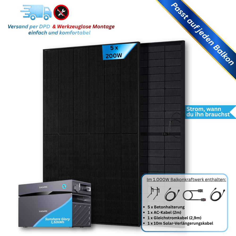 1.000W Balkonkraftwerk Sunshare mit 1,5kWh Speicher (5 x 200w Module + wählbare Speicherkapazität 1,5kWh - 6,1kWh)