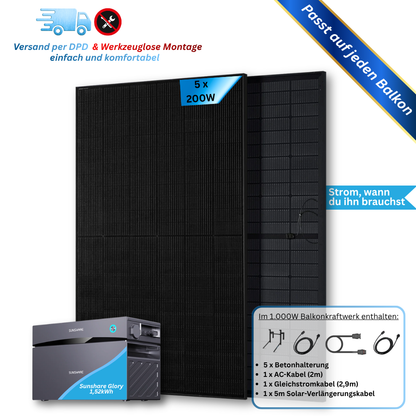 1.000W Balkonkraftwerk Sunshare mit 1,5kWh Speicher (5 x 200w Module + wählbare Speicherkapazität 1,5kWh - 6,1kWh)