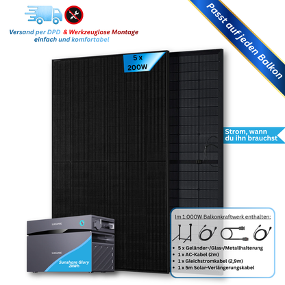 1.000W Balkonkraftwerk Sunshare mit 2kWh Speicher (5 x 200w Module + wählbare Speicherkapazität 2kWh - 6,1kWh)