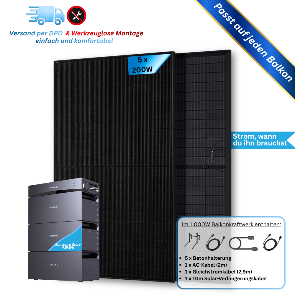 1.000W Balkonkraftwerk Sunshare mit 1,5kWh Speicher (5 x 200w Module + wählbare Speicherkapazität 1,5kWh - 6,1kWh)