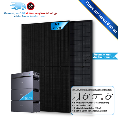 1.000W Balkonkraftwerk Sunshare mit 1,5kWh Speicher (5 x 200w Module + wählbare Speicherkapazität 1,5kWh - 6,1kWh)