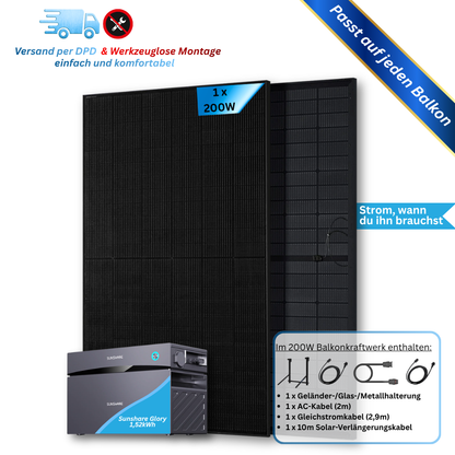 200W Balkonkraftwerk Sunshare mit 1,5kWh Speicher (1 x 200w Module + optionaler Speicher 1,5kWh)