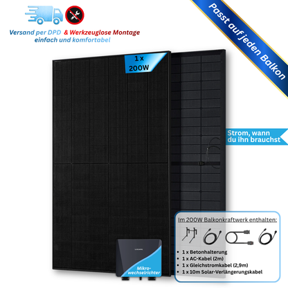 200W Balkonkraftwerk Sunshare mit 1,5kWh Speicher (1 x 200w Module + optionaler Speicher 1,5kWh)