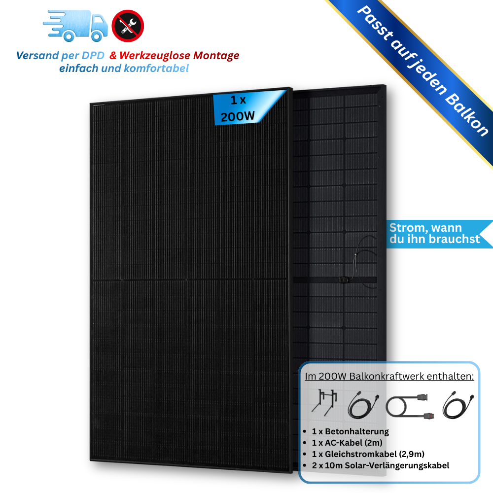 200W Balkonkraftwerk Sunshare mit 1,5kWh Speicher (1 x 200w Module + optionaler Speicher 1,5kWh)