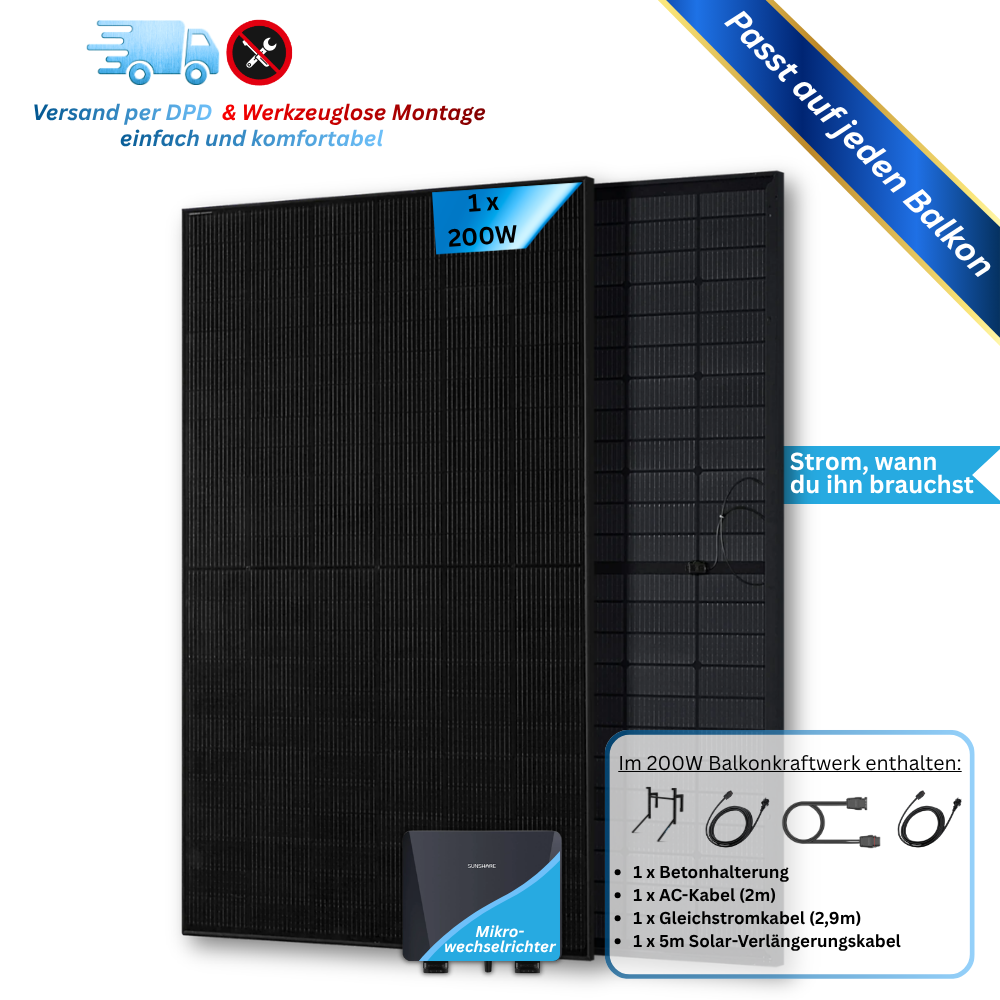 200W Balkonkraftwerk Sunshare mit 1,5kWh Speicher (1 x 200w Module + optionaler Speicher 1,5kWh)