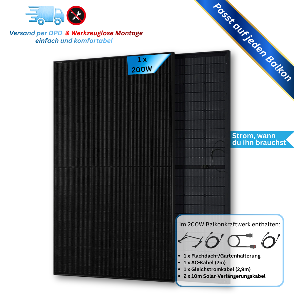 200W Balkonkraftwerk Sunshare mit 1,5kWh Speicher (1 x 200w Module + optionaler Speicher 1,5kWh)