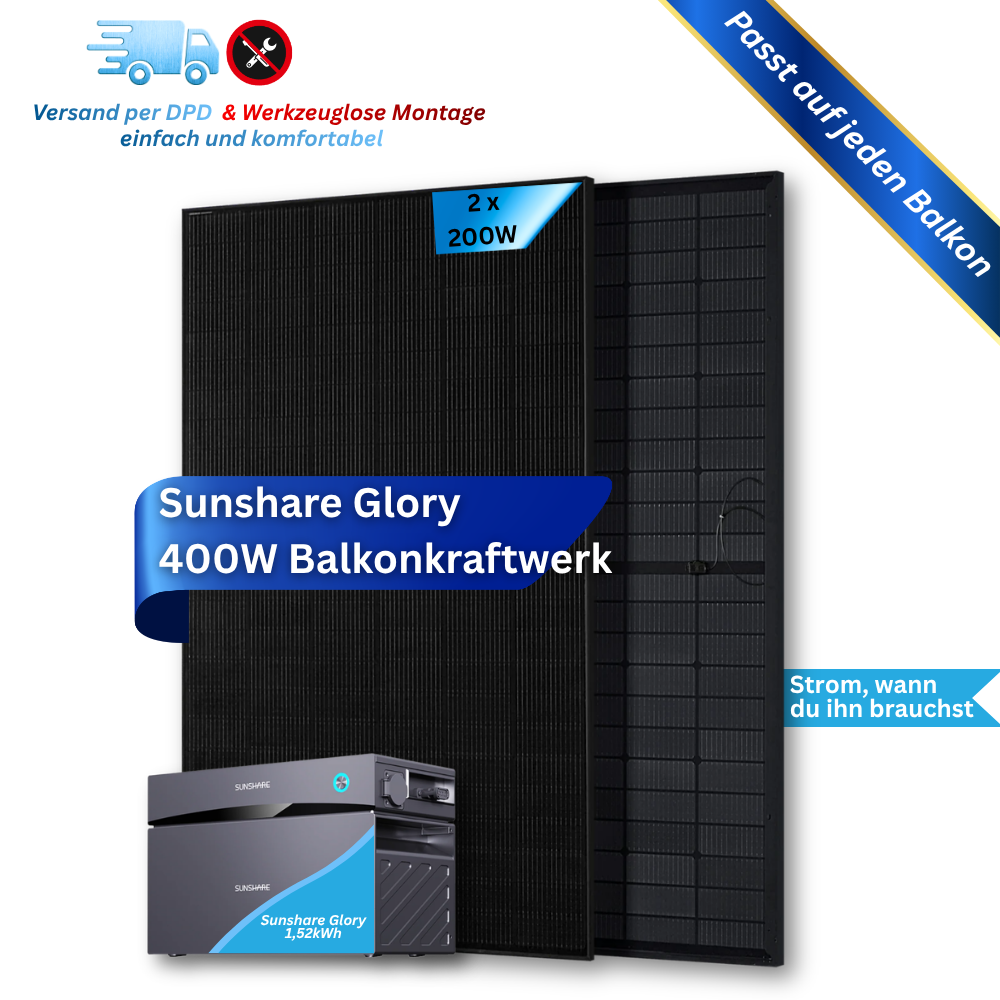 400W Balkonkraftwerk Sunshare mit 1,5kWh Speicher (2 x 200w Module + wählbare Speicherkapazität 1,5kWh - 3kWh)