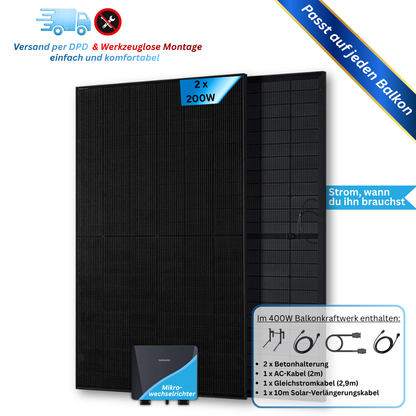 400W Balkonkraftwerk Sunshare mit 1,5kWh Speicher (2 x 200w Module + wählbare Speicherkapazität 1,5kWh - 3kWh)