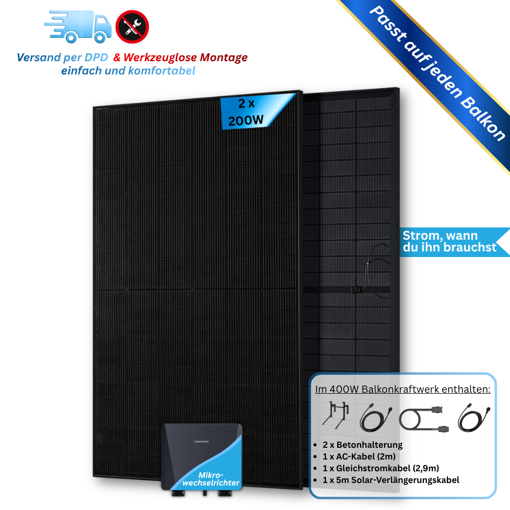 400W Balkonkraftwerk Sunshare mit 1,5kWh Speicher (2 x 200w Module + wählbare Speicherkapazität 1,5kWh - 3kWh)