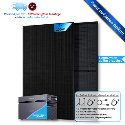 600W Balkonkraftwerk Sunshare mit 1,5kWh Speicher (3 x 200w Module + wählbare Speicherkapazität 1,5kWh - 4,5kWh)