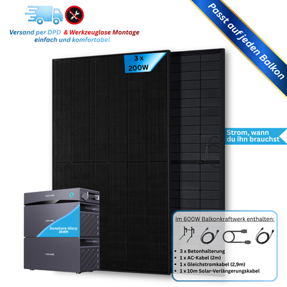 600W Balkonkraftwerk Sunshare mit 1,5kWh Speicher (3 x 200w Module + wählbare Speicherkapazität 1,5kWh - 4,5kWh)