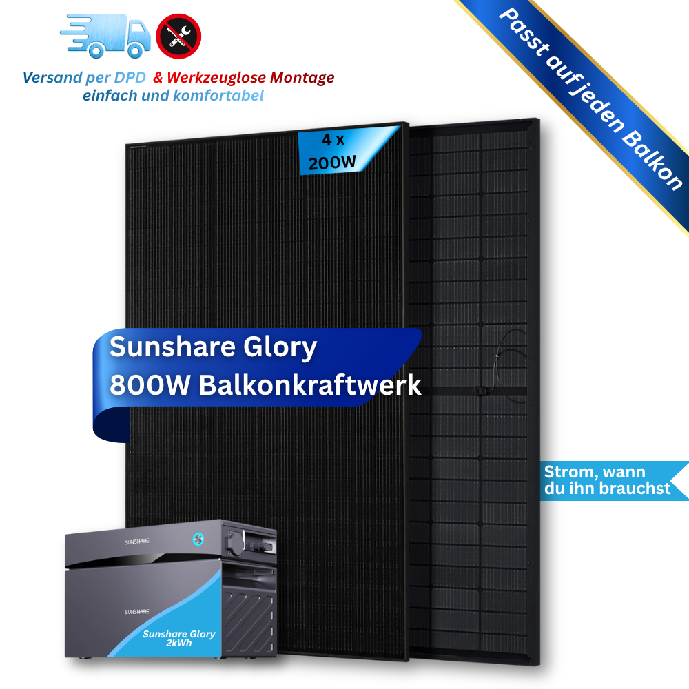 800W Balkonkraftwerk Sunshare mit 2kWh Speicher (4 x 200w Module + wählbare Speicherkapazität 2kWh - 6,1kWh)