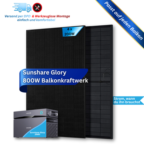 800W Balkonkraftwerk Sunshare mit 2kWh Speicher (4 x 200w Module + wählbare Speicherkapazität 2kWh - 6,1kWh)