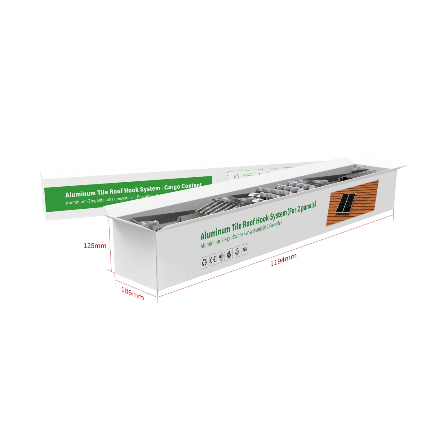 Verpackung des Ziegeldach-Hakensystems, Karton 1194 x 186 x 125 mm für zwei Module